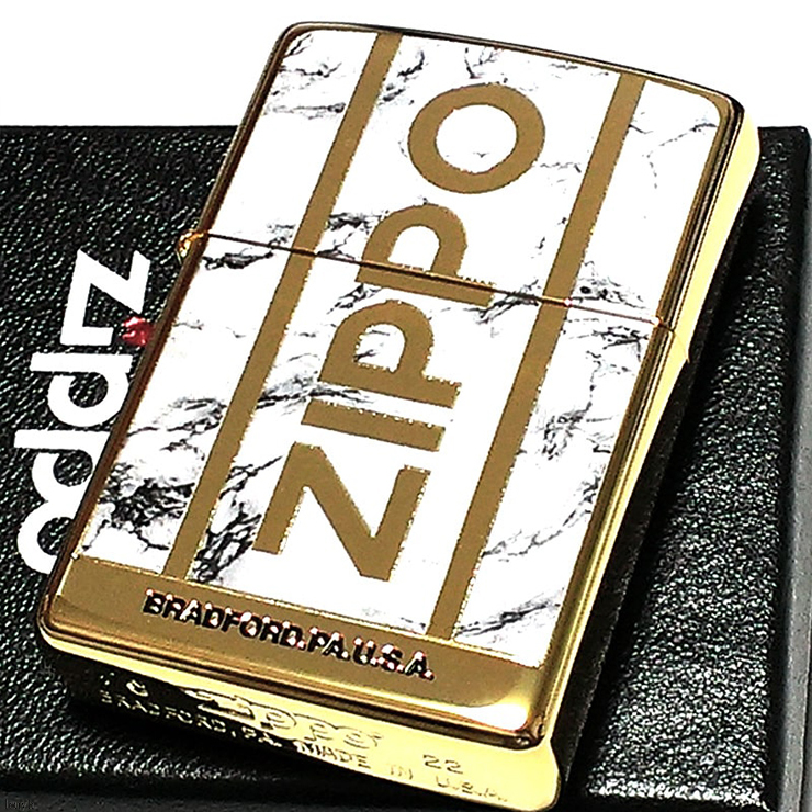 大理石 Logo Marble ZIPPO 永久保証付き 高級感のあるゴールド＆ホワイト ジッポライター 両面加工 金タンク お洒落 ギフト プレゼント