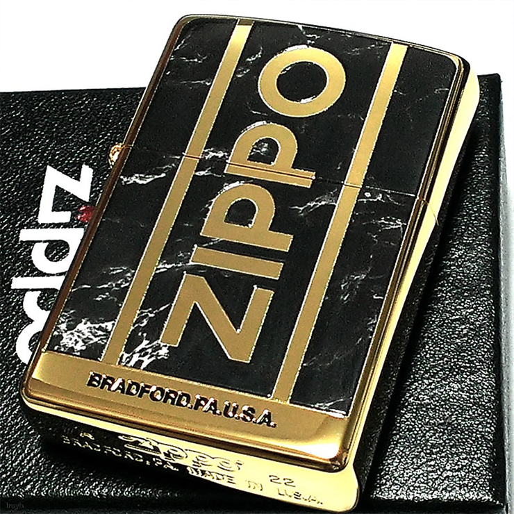 クラシック調 大理石 Logo Marble ZIPPO 永久保証付き 高級感のあるゴールド＆ブラック ライター 両面加工 金タンク ギフト プレゼント