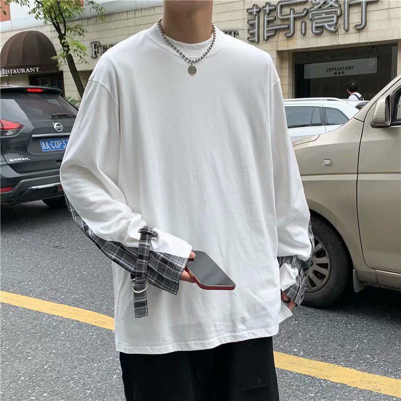 ロングTシャツ チェック トップス ロンT ビッグシルエット Tシャツ メンズ レディース 長袖 原宿系 韓国系 白 ホワイト XL