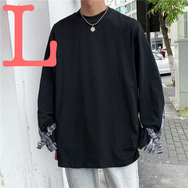 ロングTシャツ チェック トップス ロンT ビッグシルエット Tシャツ メンズ レディース 長袖 原宿系 韓国系 黒 ブラック L｜PayPayフリマ