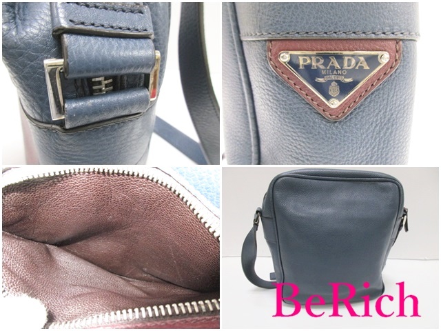 プラダ PRADA ショルダーバッグ レザー ネイビー ボルドー ロゴ 肩掛け 斜め掛け バッグ 鞄 メンズ レディース 【中古】 bk8024_画像6