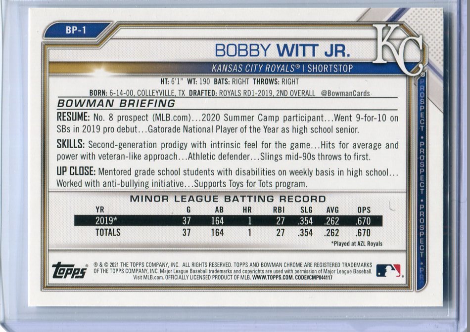 2021 Bowman Prospects #BP-1 Bobby Witt Jr._画像2