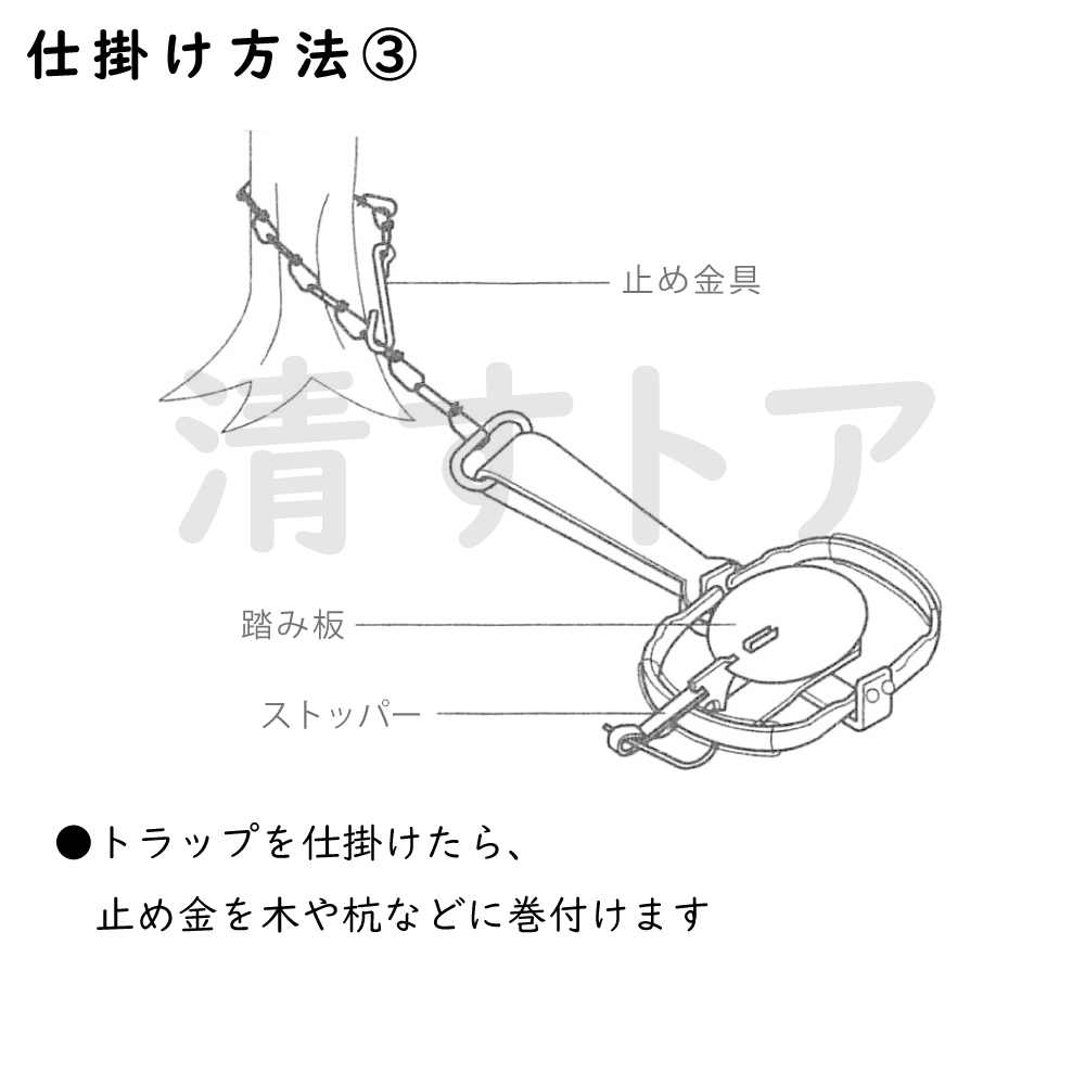 動物トラップ 0号 ビニールパット付 捕獲器 タイワンリス イタチ テン 野ネズミ等の小動物用 トラバサミ 寅鋏み 国産_画像8