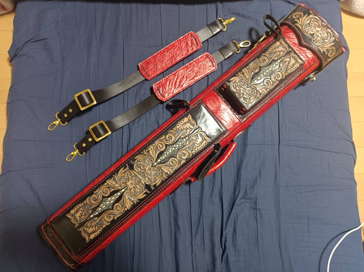  new goods unused volturi Voltz -li original leather crocodile leather cue case 4×8 4 bat 8 shaft red black red black 