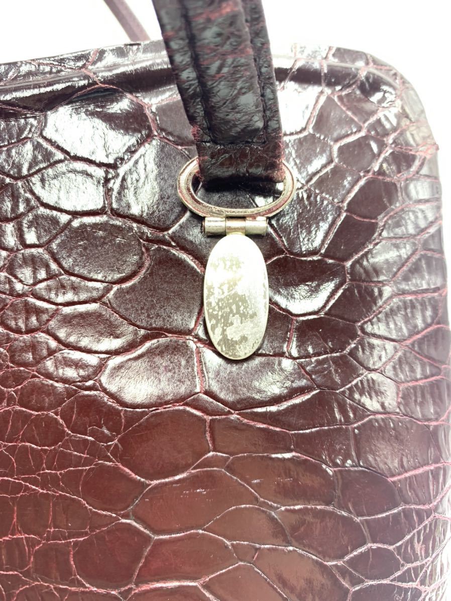 極美品 タートルレザー ハンドバッグ ボルドー 亀革 本革 小銭入れ付き