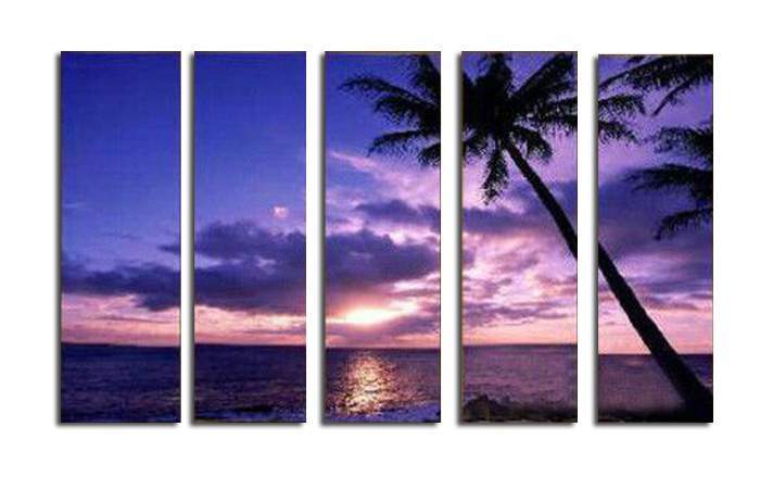 【送料無料/新品】 【受注制作】アートパネル　『椰子のある海の夕暮れ』 30x90cm x ５枚組　手書き ファブリックパネル