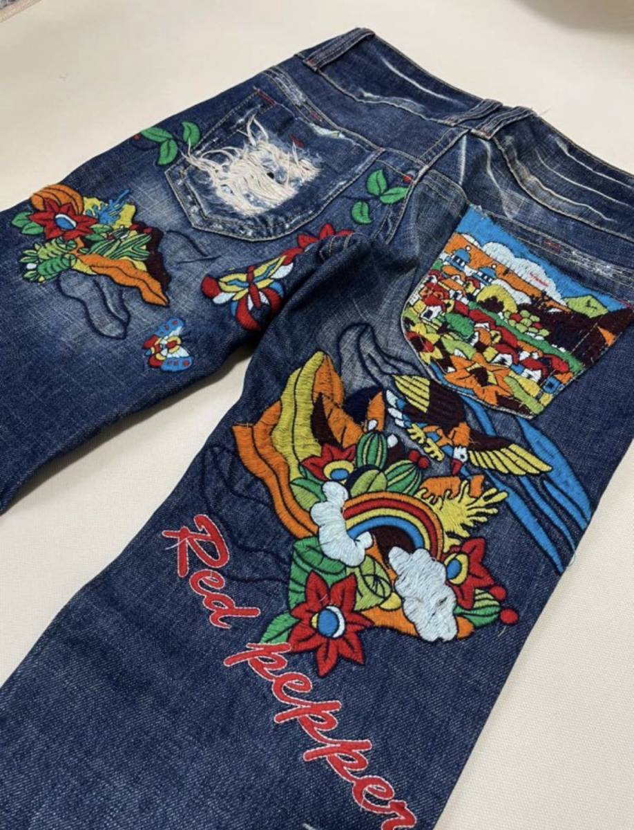 RED PEPPER jeans size 26 indigo . Denim pants red pepper buggy wide gorgeous embroidery 