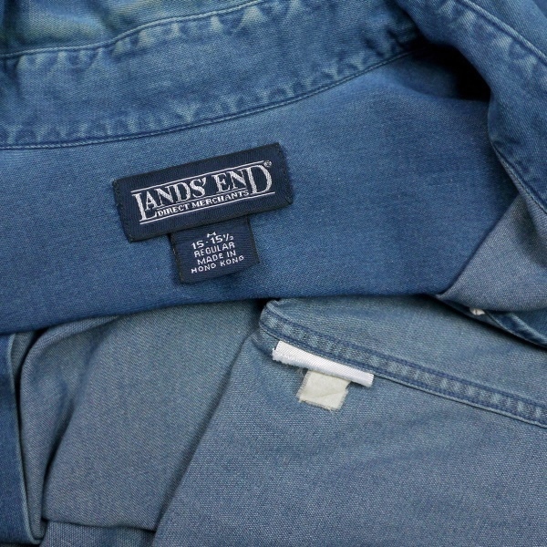 送料無料 90s LANDS'END ビンテージ オールド ランズエンド コットン ボタンダウン シャツ シャンブレー スタイル 旧タグ 青色 長袖 古着