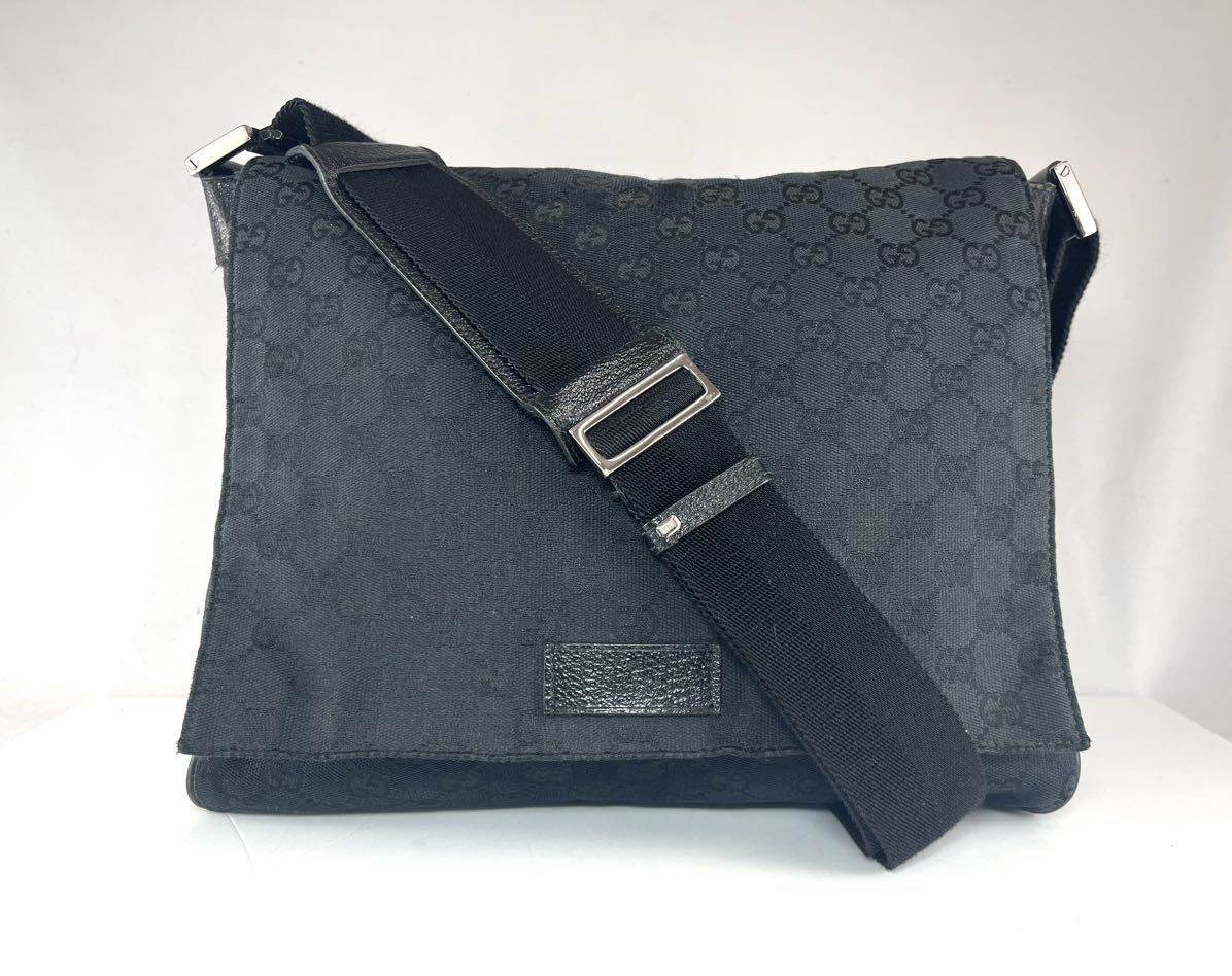 ★1円スタート 美品 GUCCI グッチ GGキャンバス GG柄 メッセンジャーバッグ ショルダーバッグ レザー ブラック 黒 E-100_画像1