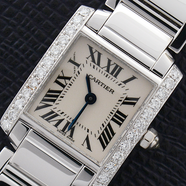 カルティエ 時計 レディース タンクフランセーズSM ダイヤベゼル 電池式 アイボリー文字盤 ホワイトゴールド 750WG Cartier  W50012S3