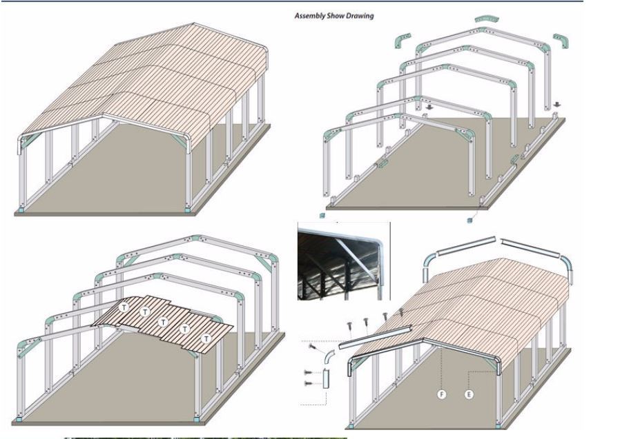 アメリカンガレージ　シルバーグレー 9M x 6M x2.4m リモコン付き電動シャッター付属 自社ユニック車有り 7月初旬入荷_骨組みと屋根材のイメージ