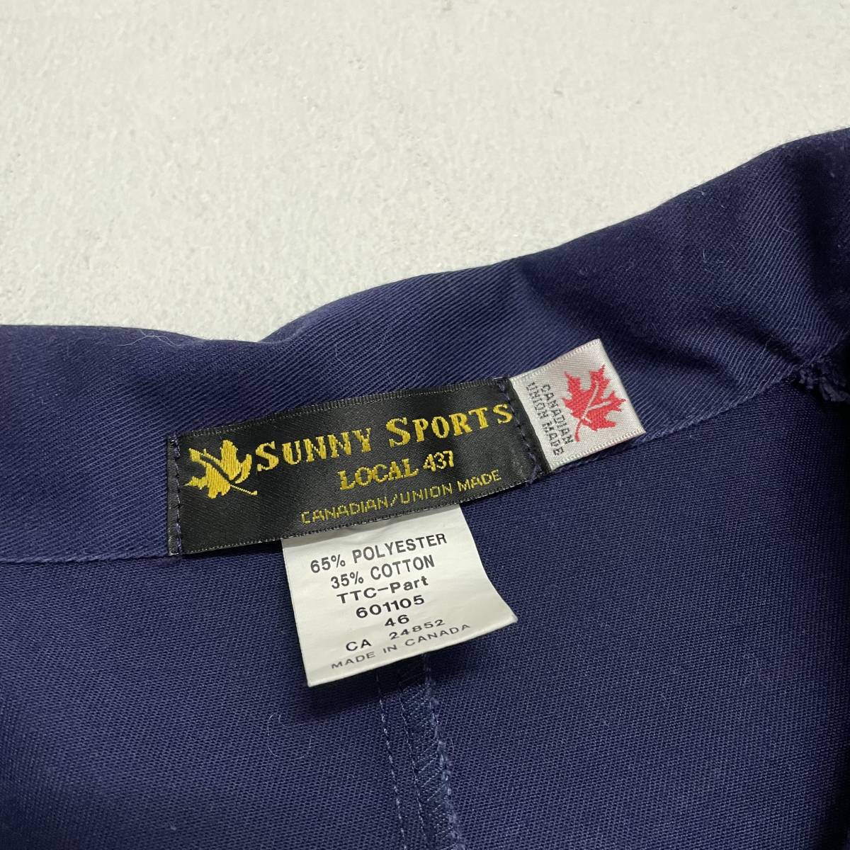 USA古着 SUNNY SPORTS ワーク ジャケット カナダ製 / シャツ生地 カバーオール ライトオンス 紺 ネイビー 企業刺繍 _画像5