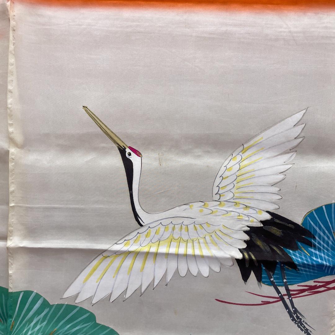 BY2780 花嫁暖簾 松 鶴 高砂 加賀 正絹 着物 アンティーク 暖簾-