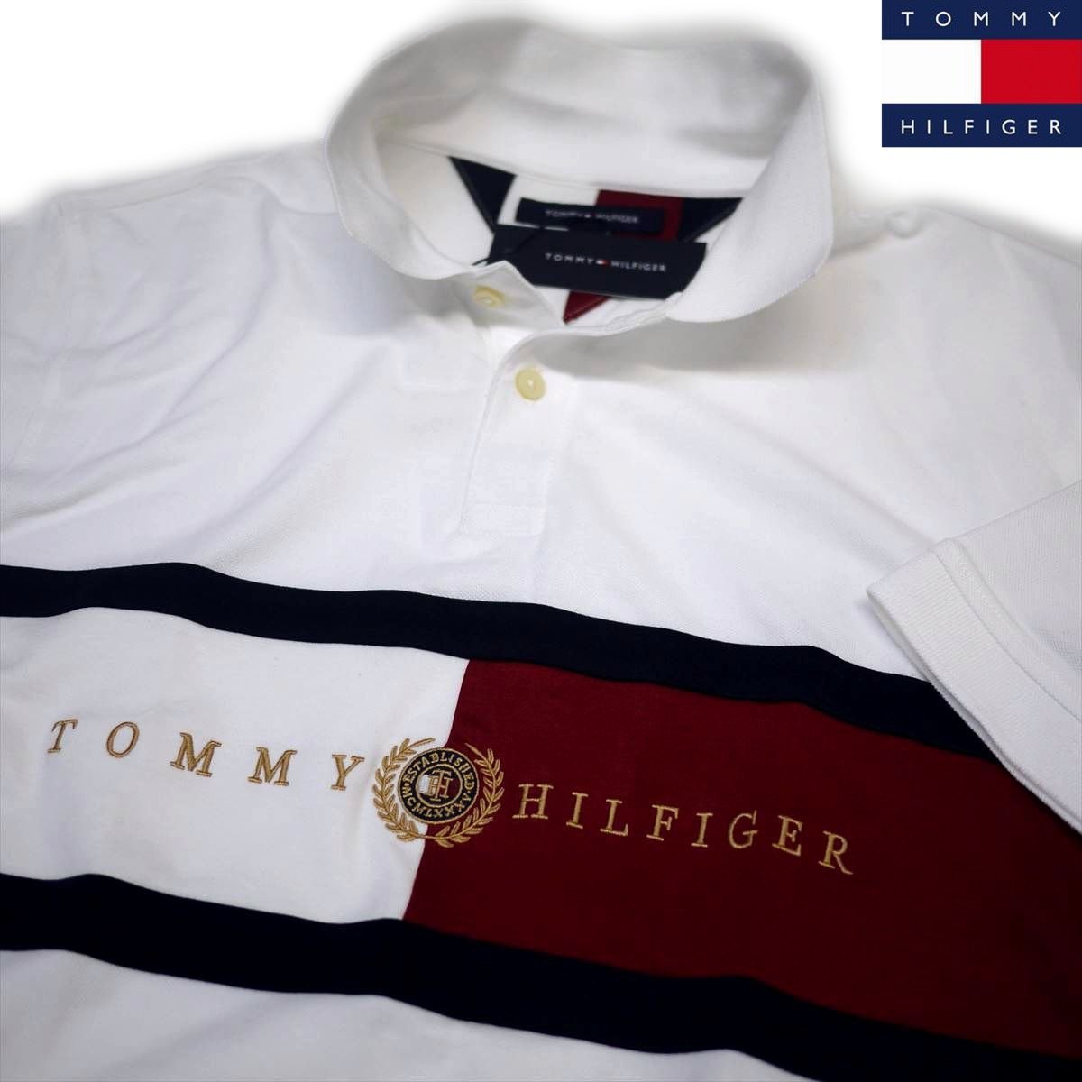 新品 トミーヒルフィガー BIGフラッグ＆刺繍ロゴ ポロシャツ(XL)ホワイト ゴルフにも！TOMMY HILFIGER USAモデル /fa87_画像1