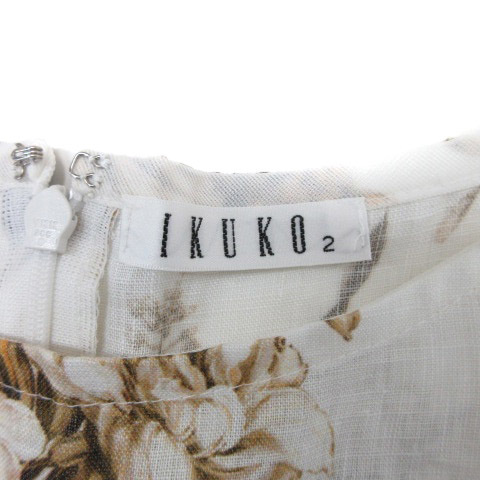 イクコ IKUKO ワンピース 半袖 花柄 リネン 2 ホワイト ベージュ 230331E レディース_画像3