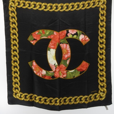 シャネル CHANEL スカーフ シルク ココマーク チェーン 花柄 黒