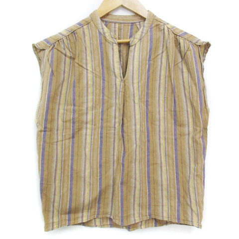  azur bai Moussy рубашка блуза безрукавка разрез шея linen полоса рисунок многоцветный M бежевый темно-синий /FF12 женский 