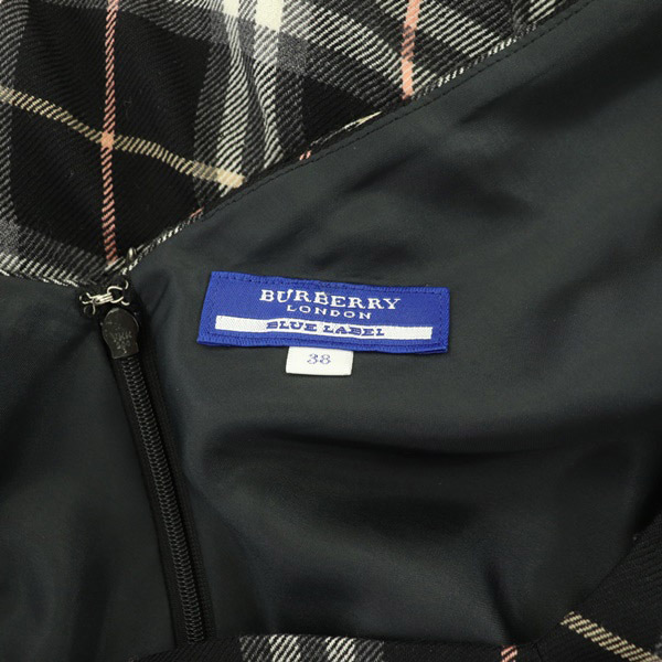 バーバリーブラックレーベル BURBERRY BLACK LABEL ワンピース ミニ ノースリーブ チェック ベルト付 38 黒 ブラック_画像3