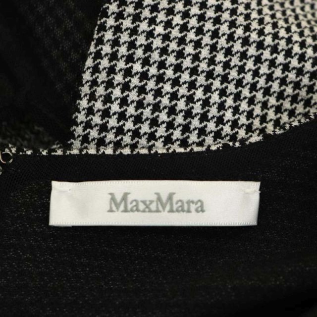 マックスマーラ MAX MARA 千鳥柄カシュクール風デザインワンピース 膝丈 タイト タック 長袖 ウール 36 黒 ブラック 白 ホワイト_画像3