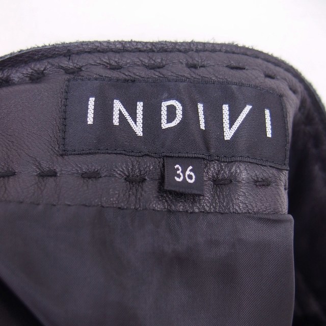 インディヴィ INDIVI 台形 スカート ミニ 切替 レザー 羊革 薄手 36 黒 ブラック /TT23 レディース_画像3