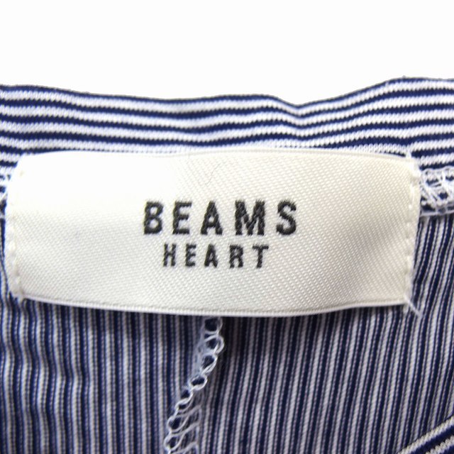 ビームスハート BEAMS HEART ブラウス カットソー ボートネック コットン 綿 ギャザー ストライプ 半袖 紺 ネイビー /NT33 レディース_画像3