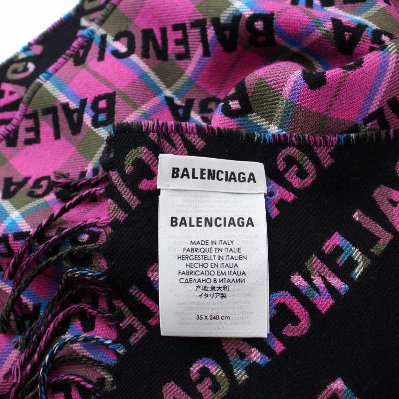 バレンシアガ BALENCIAGA マフラー チェック ロゴ 総柄 ウール ピンク