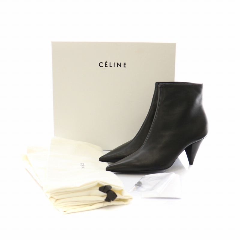 セリーヌ CELINE フィービー期 ショートブーツ ポインテッドトゥ ハイヒール レザー ファスナー 36.5 23cm 黒 ブラック レディース_画像8