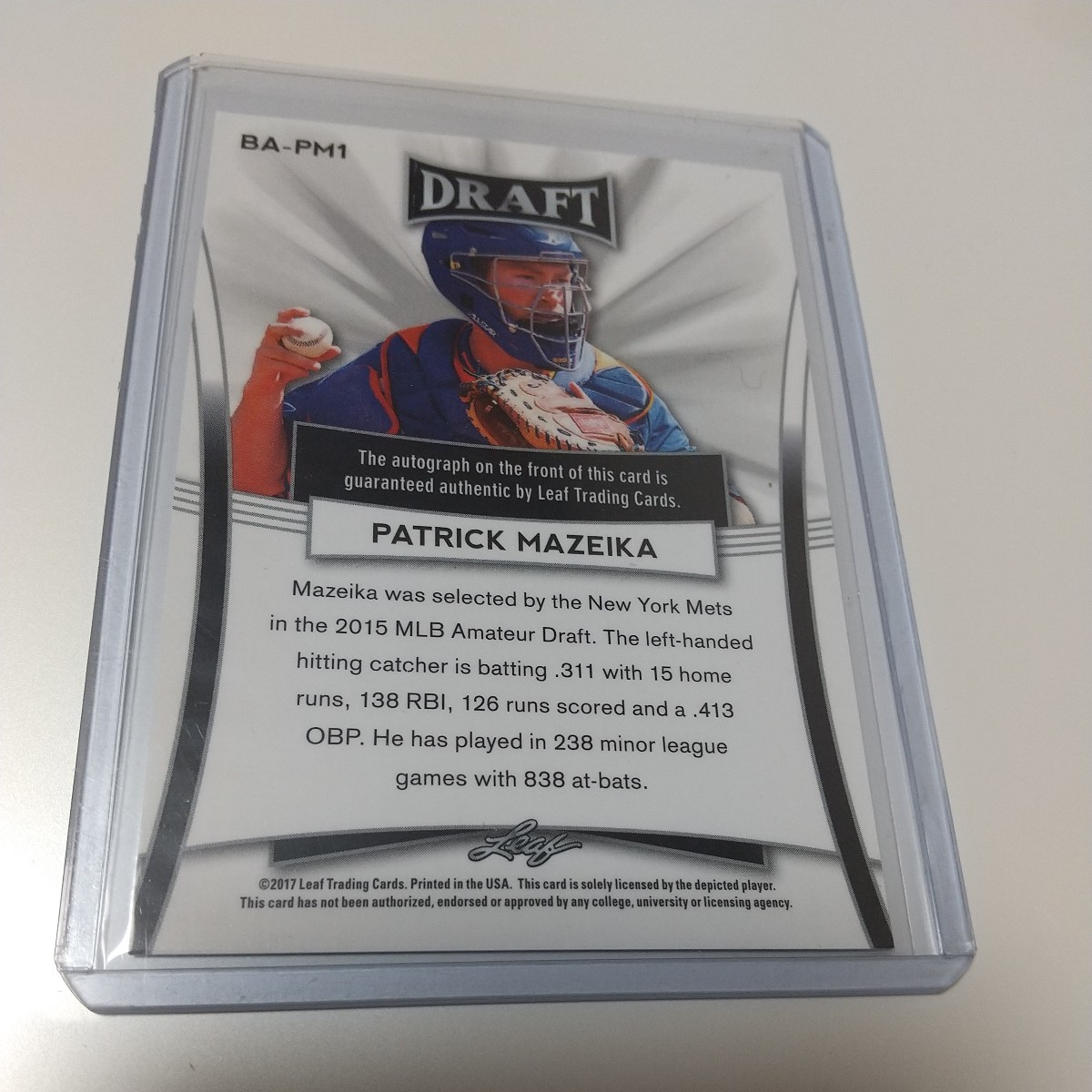 即決のみ 真のルーキー RC かなり綺麗 ★2017 LEAF DRAFT PATRICK MAZEIKA 直筆サイン 直書サイン AUTO★METS メッツ MLBカード_画像2