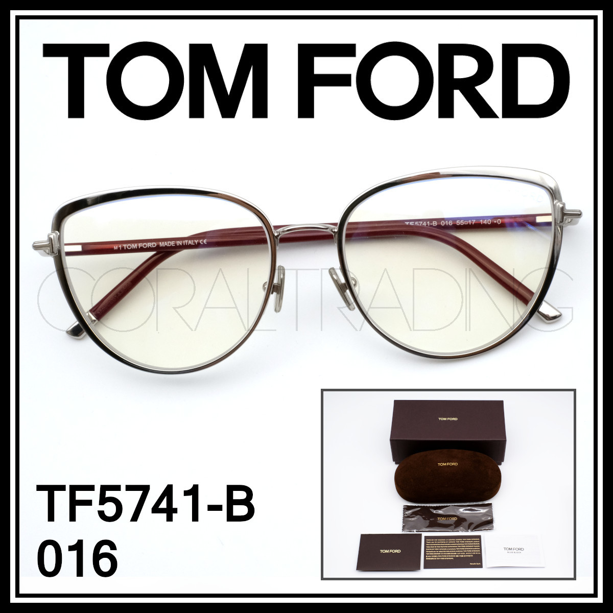 23259★新品本物！TOMFORD TF5741-B 016 シルバー/バーガンディ ブルーライトカットレンズ トムフォード クリングス仕様 レディー_画像1