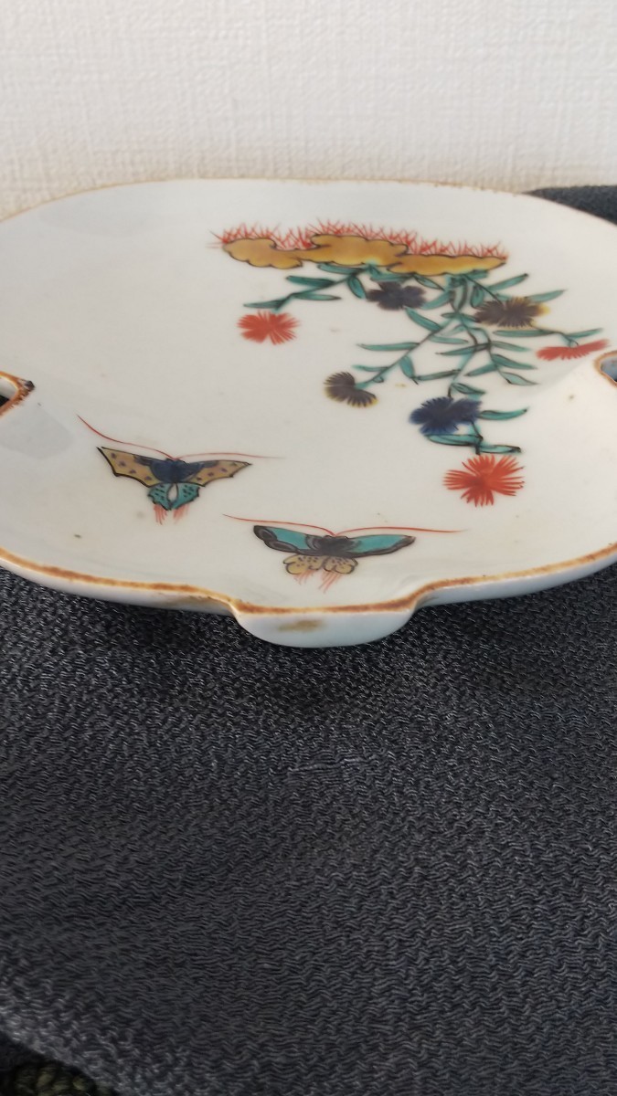 古伊万里 古九谷 江戸期 色絵 瓢箪型皿 二匹の蝶 撫子 草花 古伊万里 古九谷 江戸期 色絵 瓢箪型皿 二匹の蝶 撫子 草花