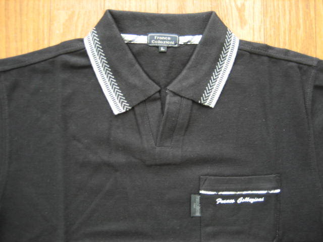 即決新品 FRANCO COLLEZIONI 5分袖 スキッパー ポロシャツ 黒系刺繍柄 L 送料無料_画像2