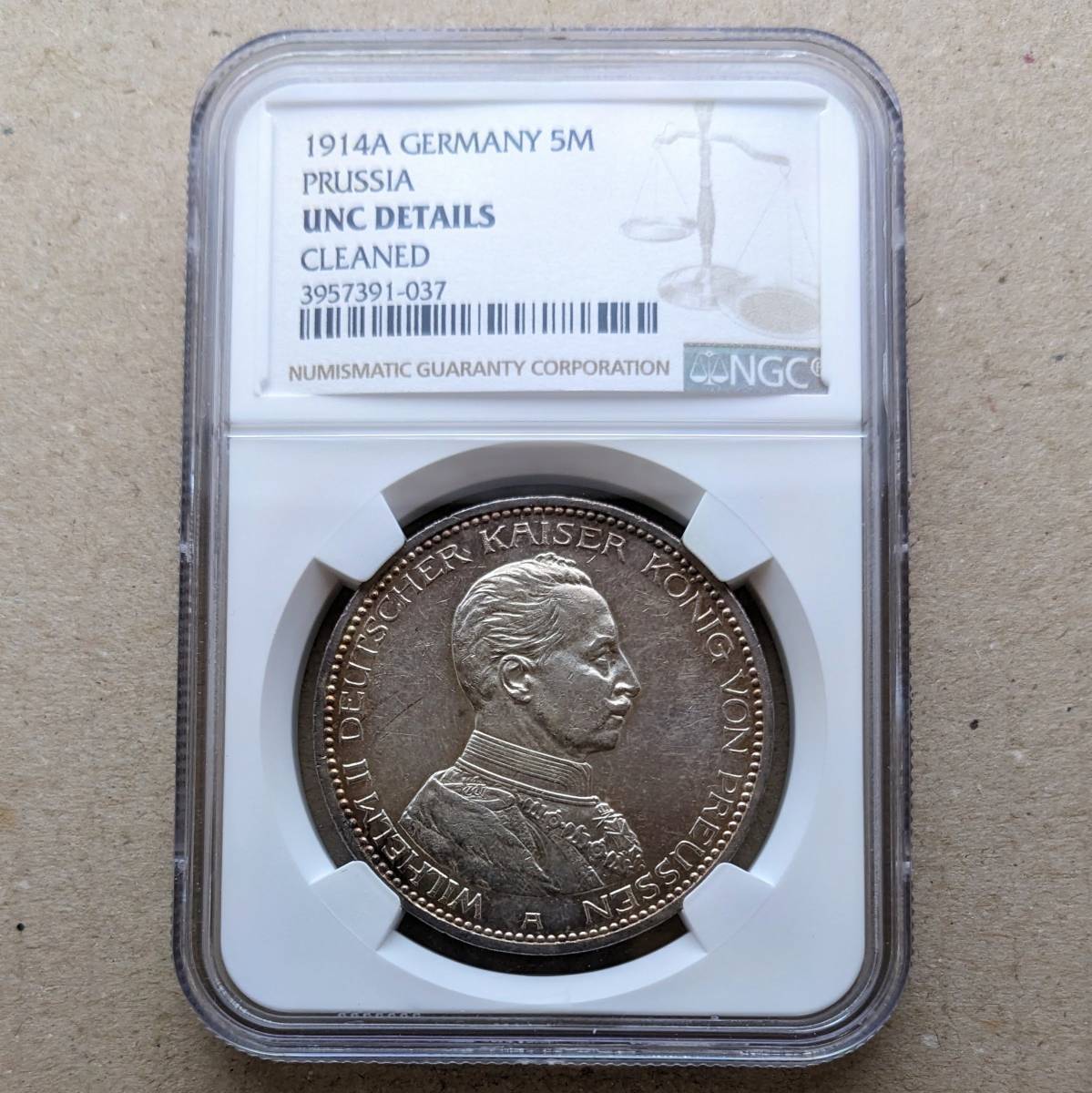 1914年 プロイセン ヴィルヘルム2世 5マルク 銀貨 ベルリンミント NGC UNC Details Cleaned_画像1