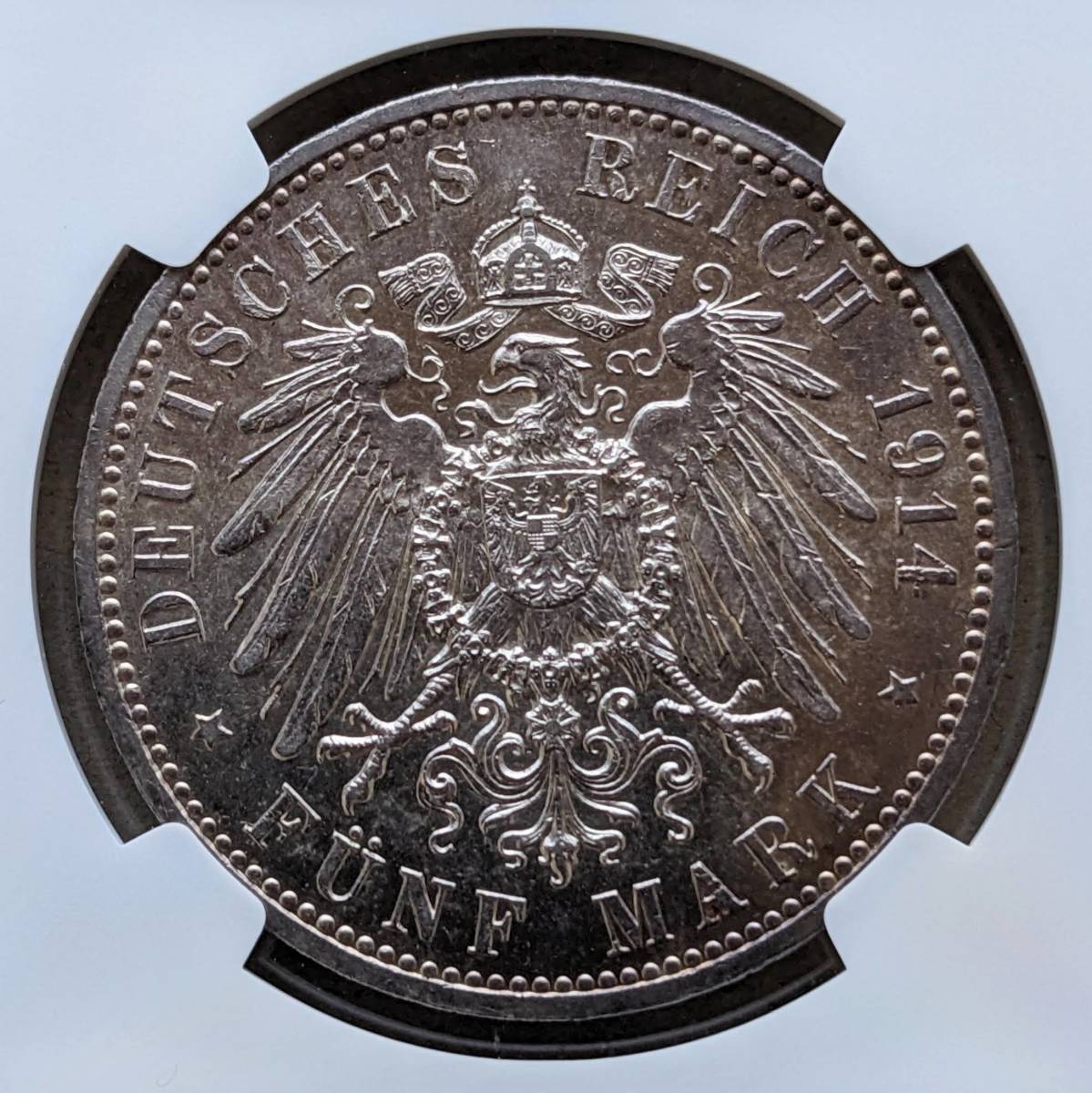 1914年 プロイセン ヴィルヘルム2世 5マルク 銀貨 ベルリンミント NGC UNC Details Cleaned_画像5