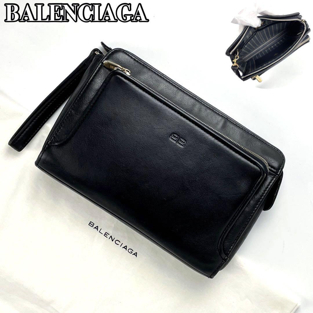 【極美品】BALENCIAGA バレンシアガ クラッチバッグ BB ロゴ型押し セカンドバッグ ストラップ 裏地総柄 ストライプ 革 レザー 黒  ブラック