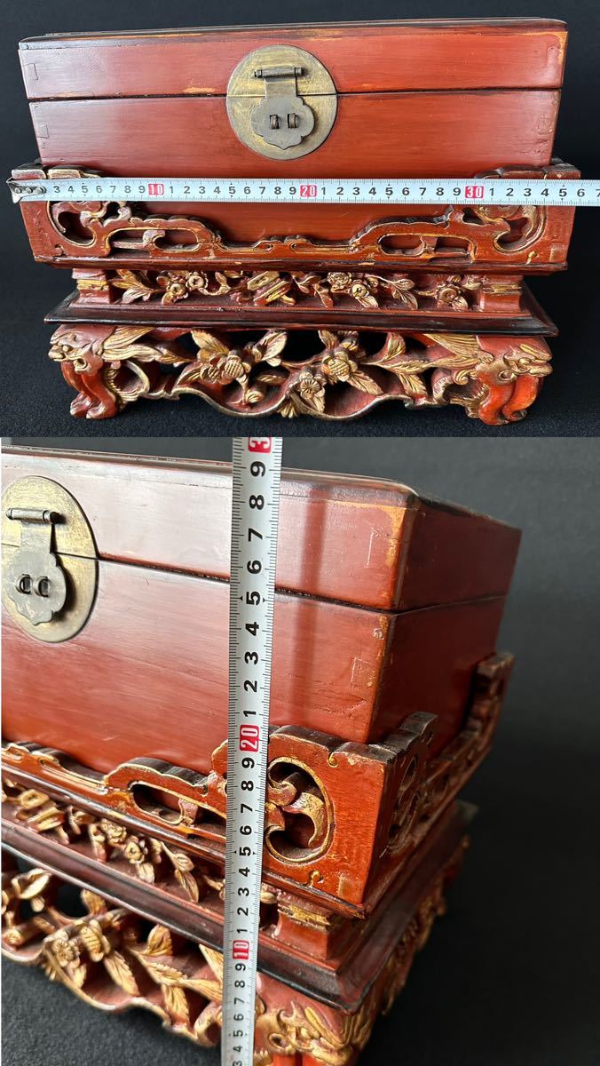 中国美術 清時代 赤漆透彫金彩花龍文細密彫書箱 古美術 時代物 旧蔵