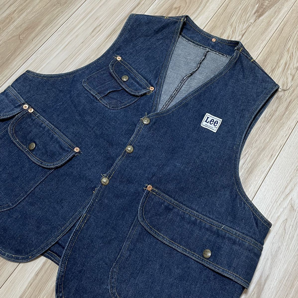 珍品 Lee ビンテージ ハーフムーンデニムベスト vintage denim vest work jacket ハンティング ジャケット 1970s 1960s ll bean hunting_画像1