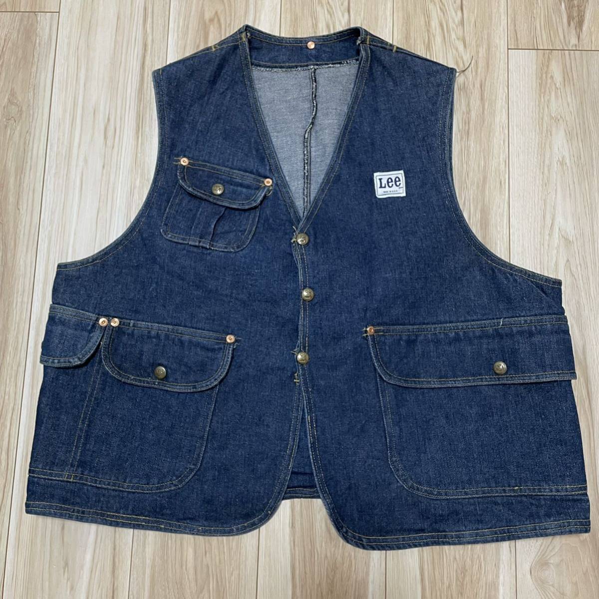 珍品 Lee ビンテージ ハーフムーンデニムベスト vintage denim vest work jacket ハンティング ジャケット 1970s 1960s ll bean hunting_画像2