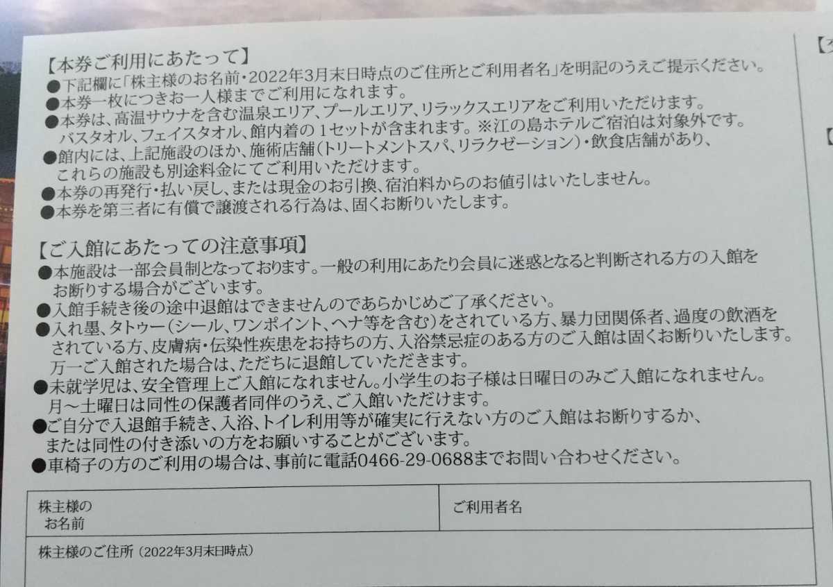 2枚セット ペア ２名分  江の島アイランドスパ えのすぱ 飯田グループホールディングス 株主優待券 2023.6まで kato_zの画像2