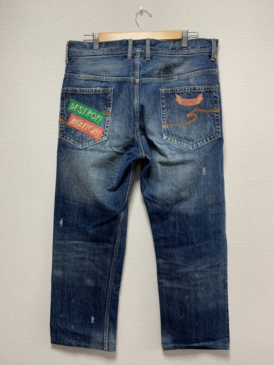 [FIVE-O DUPPIES] REMAKE BADGE JEAN リペア加工 ワッペン インディゴデニムパンツ XL 日本製 ファイブオー ダッピーズ_画像2