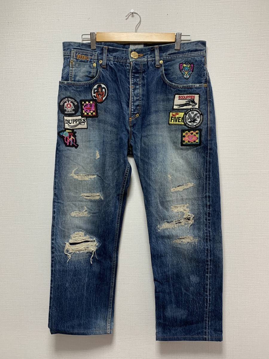 [FIVE-O DUPPIES] REMAKE BADGE JEAN リペア加工 ワッペン インディゴデニムパンツ XL 日本製 ファイブオー ダッピーズ_画像1