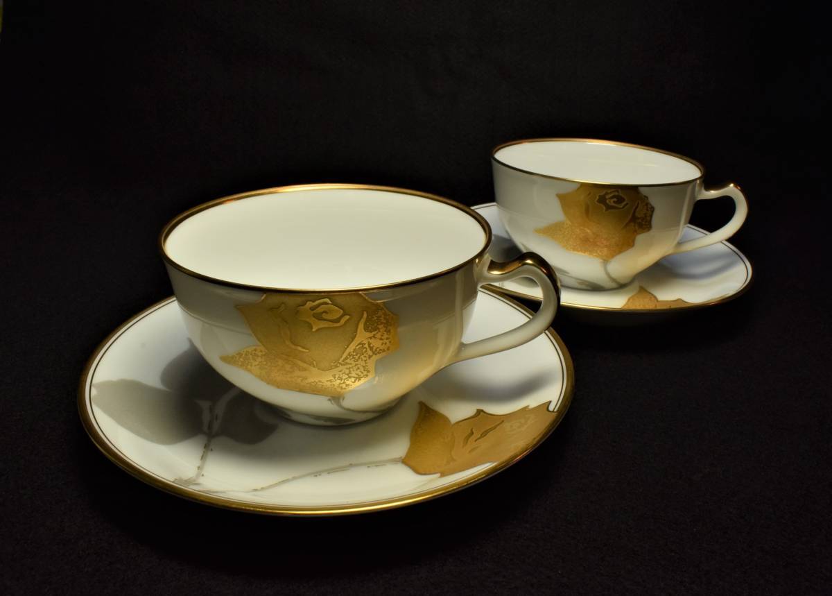 弐客　大倉陶園　金蝕 薔薇　OKURA　japan　Gold Rose　tea coffee cup & saucer　pair　バラ　ペア　カップ＆ソーサー 珈琲 紅茶 兼用