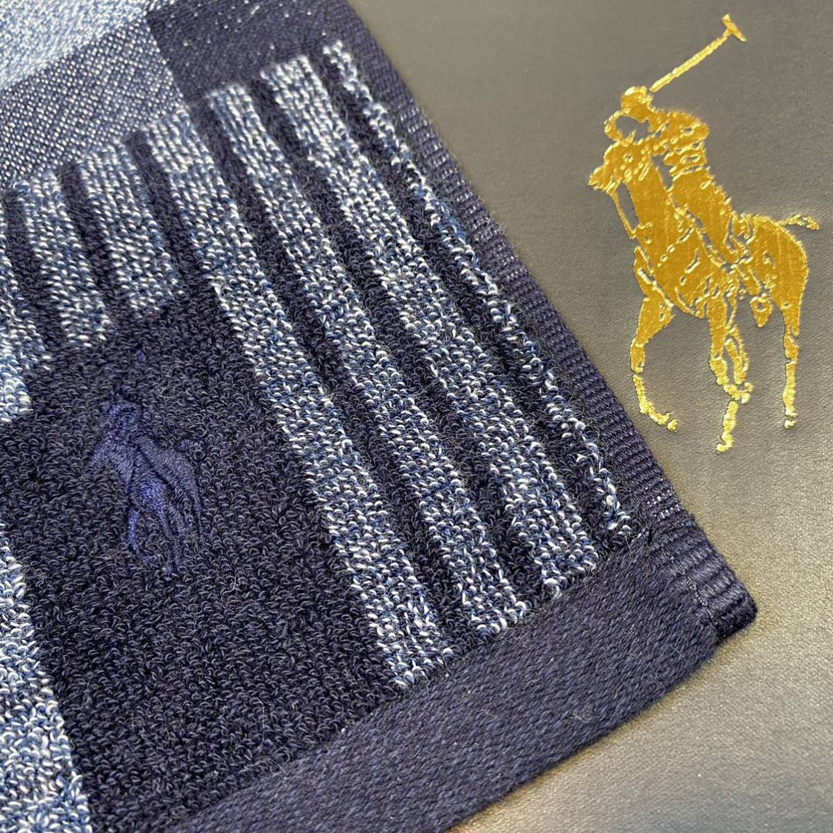 新品タグ付ツカモト日本製今治産ラルフローレンRALPH LAURENローズバリーパッチワークPONY刺繍Indigoウオッシュタオルハンドタオルハンカチ_深み奥行きある配色、飽きのこないデザイン