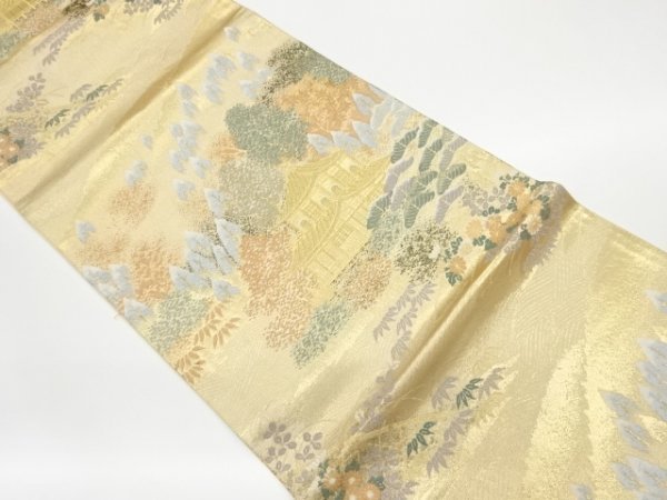 宗sou 本金二重箔山並みに寺院・松・秋草模様織出し袋帯【リサイクル