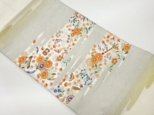 値引きする 宗sou 花々に蝶・鳥・和楽器模様織出し名古屋帯【リサイクル】【着】 仕立て上がり 値引きする 宗sou 花々に蝶・鳥・和楽器模様織出し名古屋帯【リサイクル】【着】 仕立て上がり