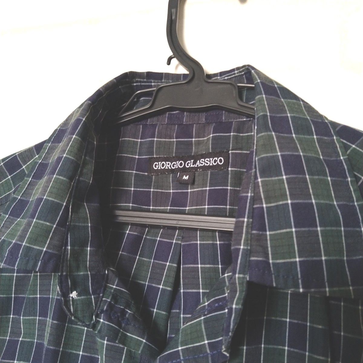 値下げ最終価格、七分袖、緑と青のチェック柄カジュアルシャツ