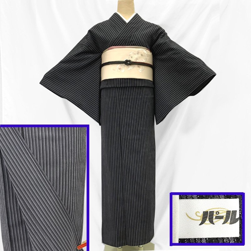 303mt97〇御召 本場塩沢 単衣 黒 グレー 縞模様 居敷当て付き〇美品