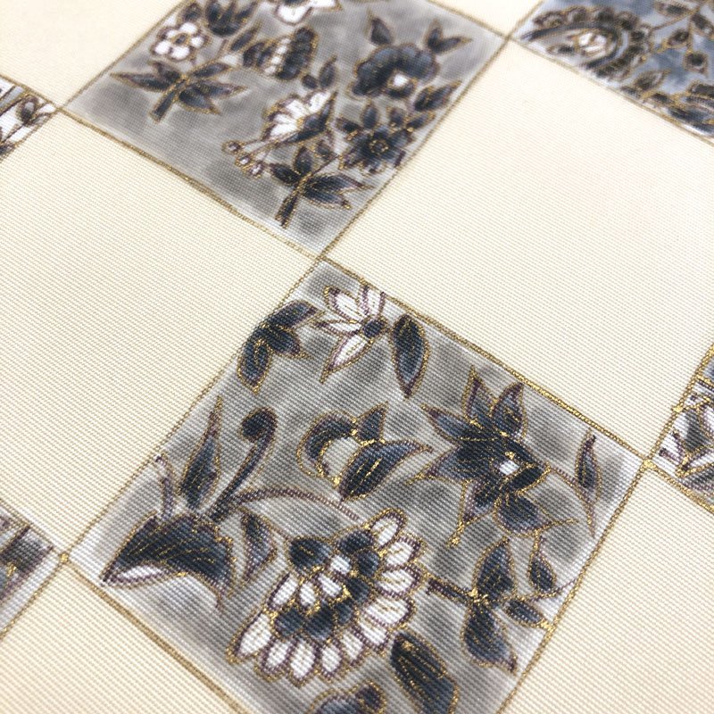 ◇きものマーチ◇塩瀬 更紗文 市松 金彩 手描き 九寸名古屋帯 タイル