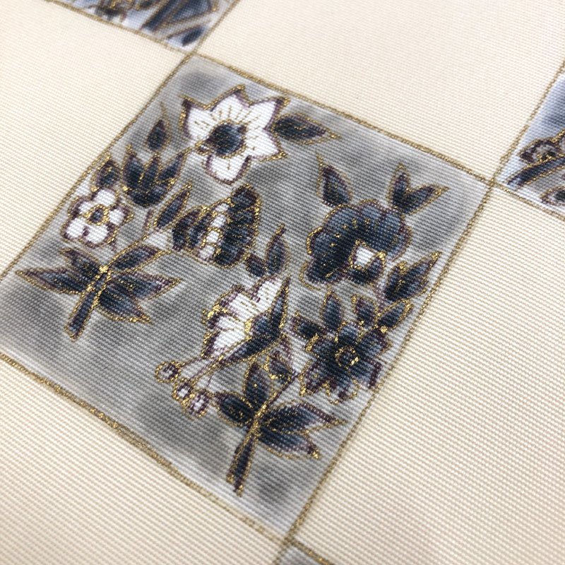 ◇きものマーチ◇塩瀬 更紗文 市松 金彩 手描き 九寸名古屋帯 タイル