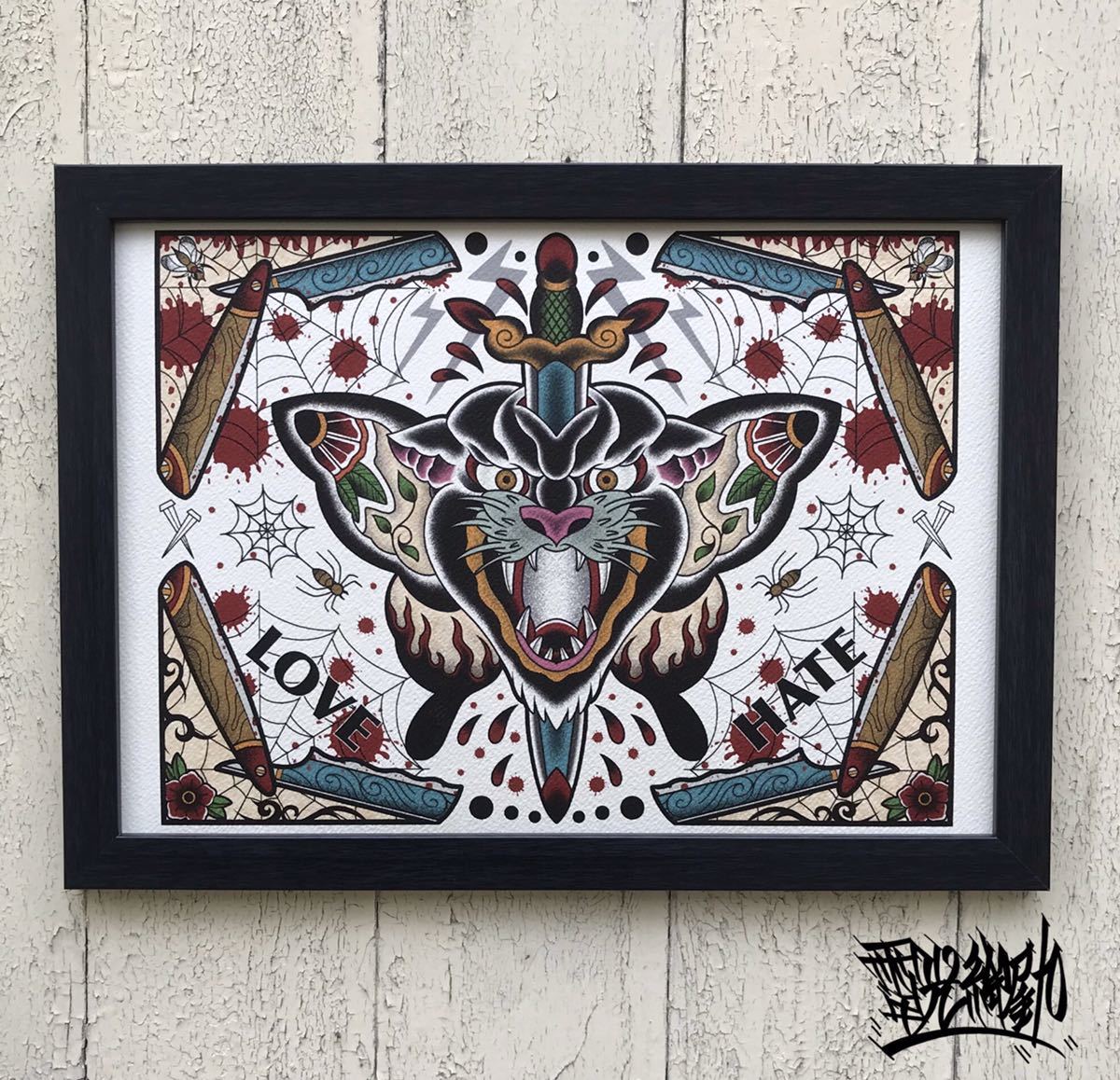 tattoo original design illustration Ame tiger A4 size black color frame ta toe tattoo interior . art frame 