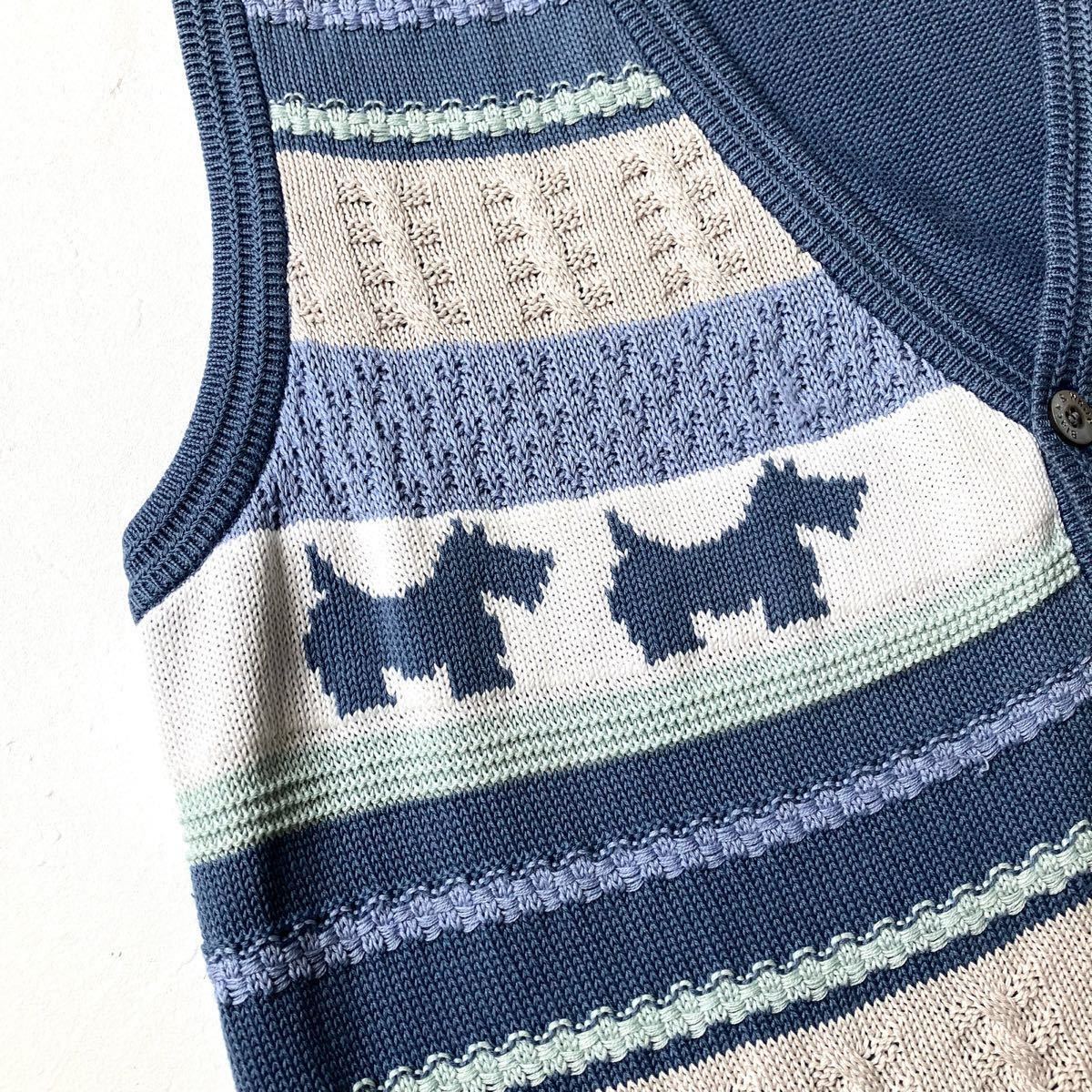 古着 レトロビンテージ【シュナウザー】ワンポイント刺繍 アニマルニットベスト M アッシュスカイ 日本製 ケーブル編み クレイジーパターン